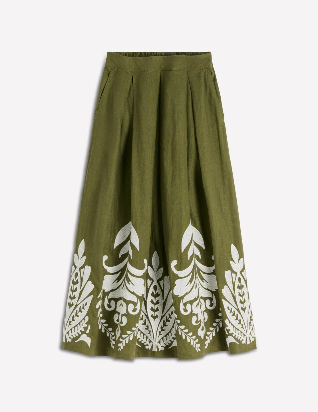 Boden Women Verity Linen Midi Skirt-Woodland Green Embroidery