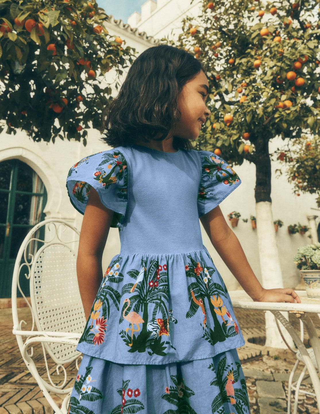 Boden Baby|Girls Woven Mix Twirly Dress-Azure Blue Jungle Trellis