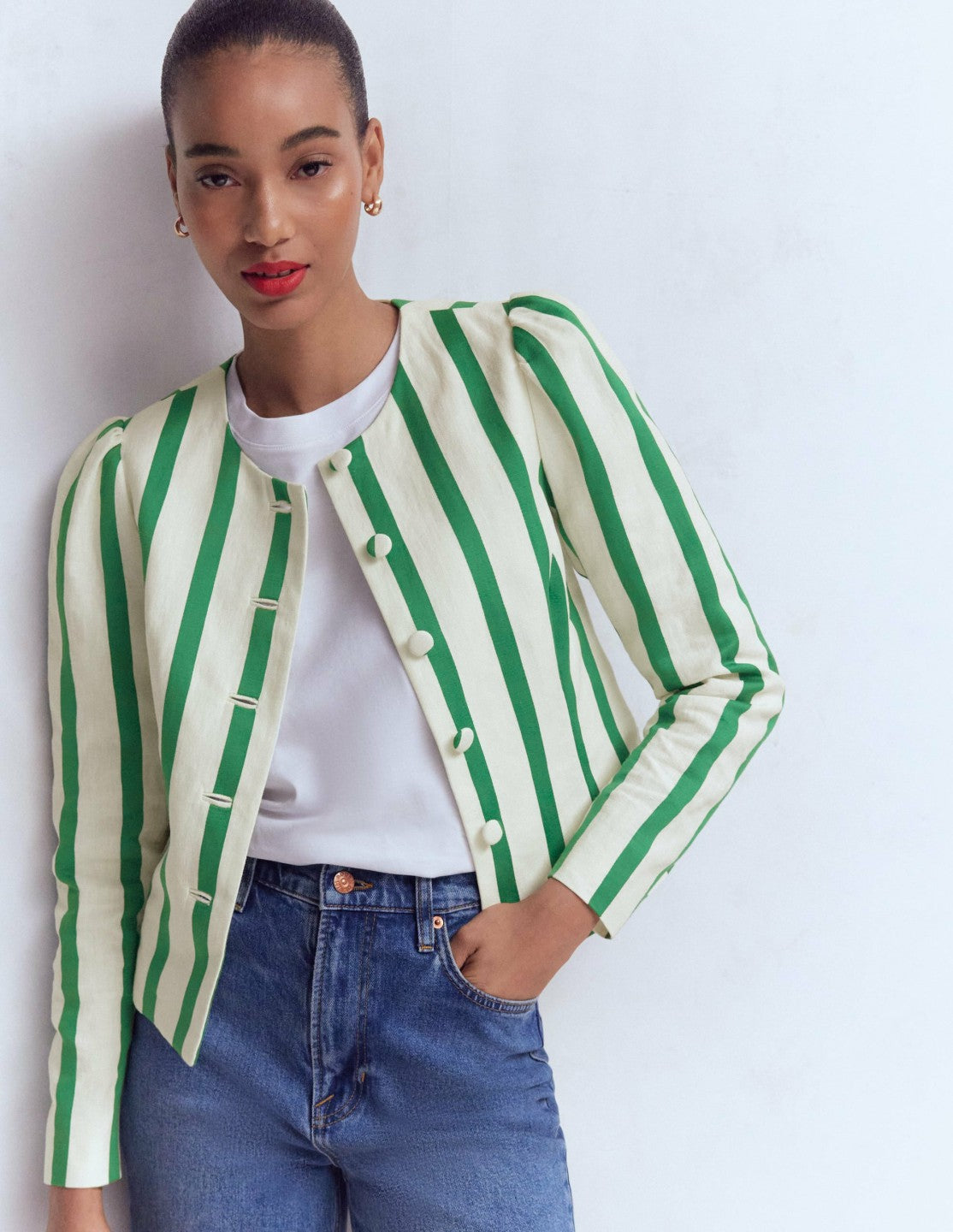 Boden Women Salisbury Jacket-Ivory, Fresh Green Stripe