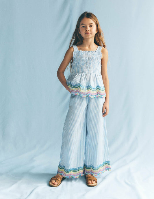 Boden Girls|Baby Scallop Hem Pants-Blue Ticking Rainbow