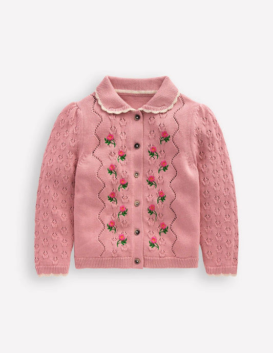 Boden Girls|Baby Collared Pointelle Cardigan-Vintage Pink