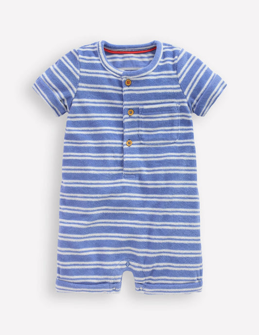 Boden Baby Short Sleeve Towelling Romper-Blue Stripe