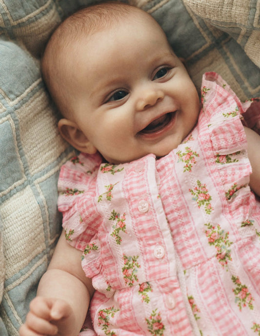 Boden Baby Short Frill Bubble Romper-Pink Gingham Floral