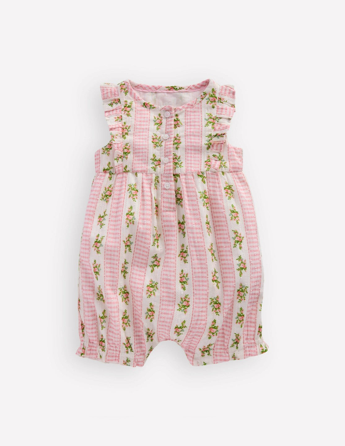 Boden Baby Short Frill Bubble Romper-Pink Gingham Floral