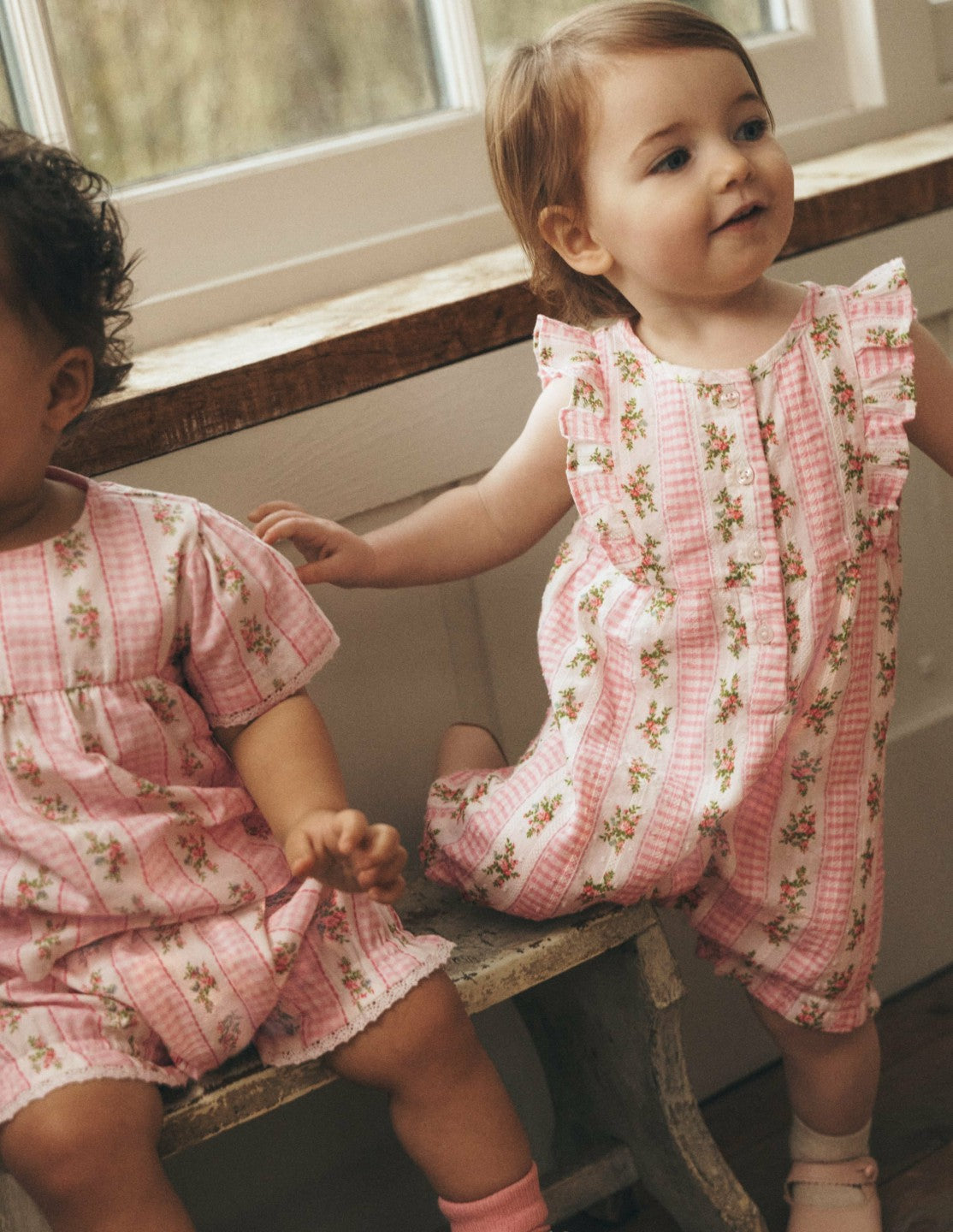 Boden Baby Short Frill Bubble Romper-Pink Gingham Floral