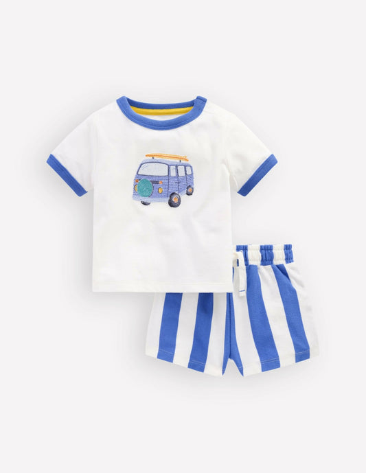 Boden Baby Logo Jersey Play Set-Blue Camper Van Stripe