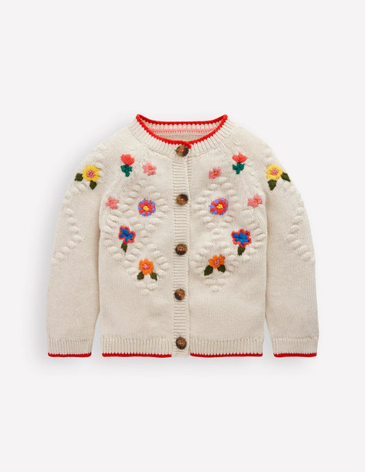 Boden Baby Cotton Embroidered Cardigan-Ecru Flowers