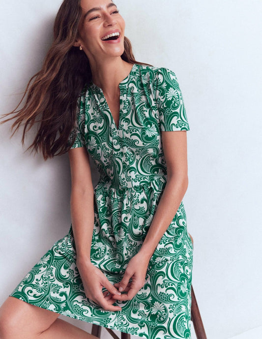Boden Dresses Naomi Short Sleeve Dress-Jewel Green, Foliage Whirl