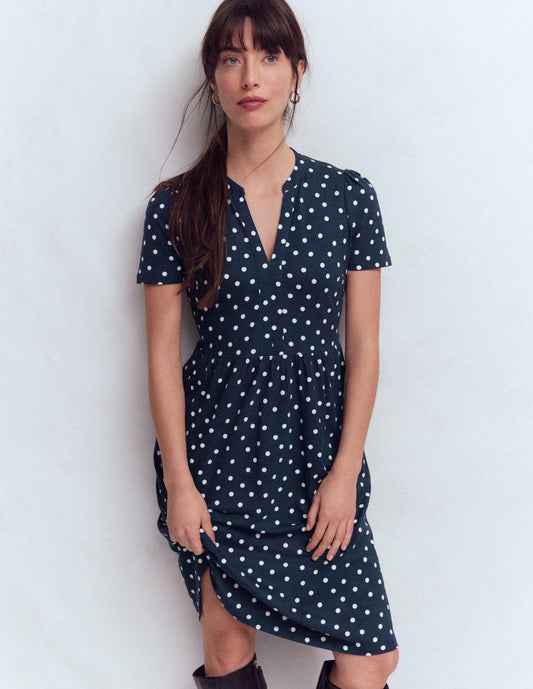 Boden Dresses Naomi Short Sleeve Dress-French Navy, Painted Dot