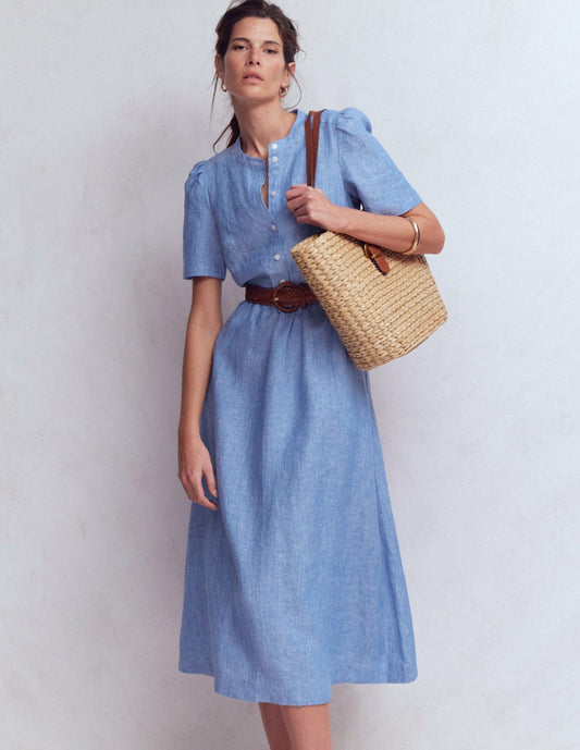 Boden Dresses Ivy Placket Linen Midi Dress-Summer Blue Chambray