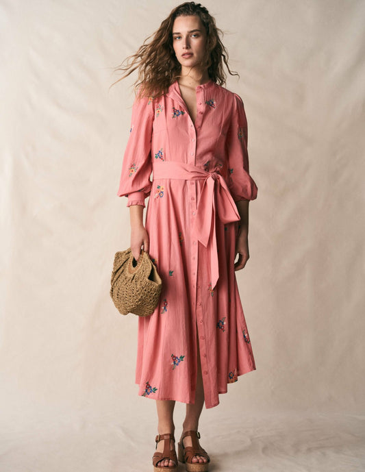 Boden Dresses Embroidered Shirt Dress-Pink Embroidery