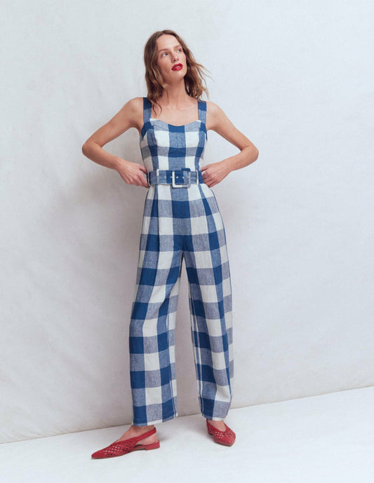 Boden Dresses|Women Panelled Bodice Linen Jumpsuit-Denim Blue Gingham