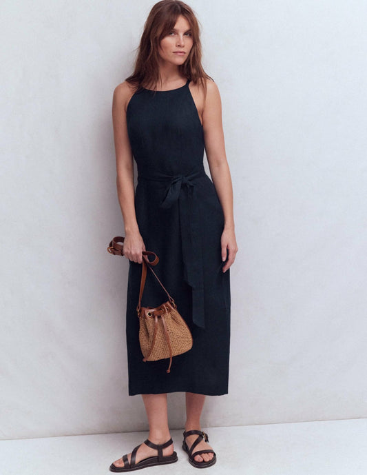 Boden Dresses Rosa Halter Linen Midi Dress-Navy