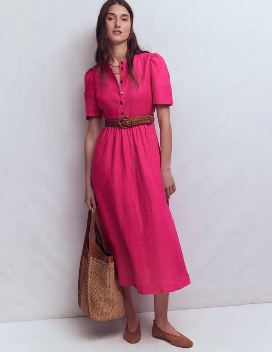 Boden Dresses Ivy Placket Linen Midi Dress-Pink Peony