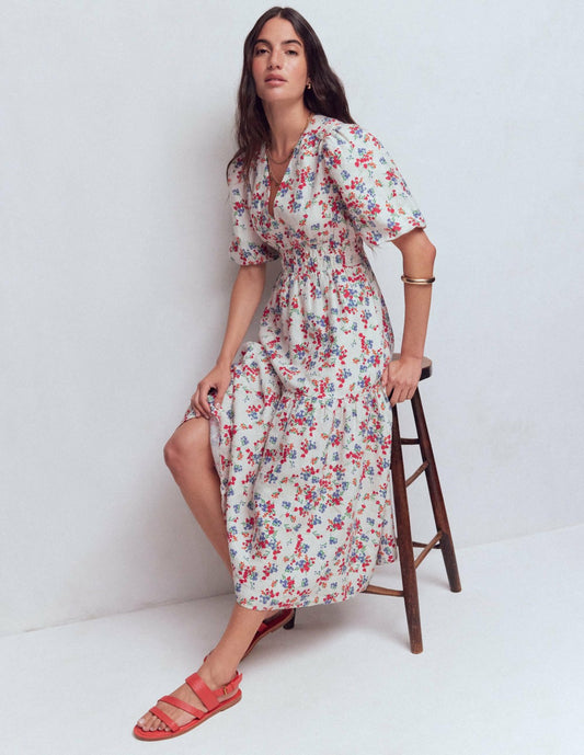 Boden Dresses Irene Linen Midi Dress-Ivory, Bloom Scatter