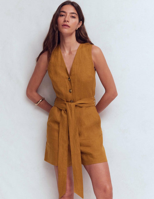 Boden Dresses|Women Laura V-neck Linen Playsuit-Gingerbread