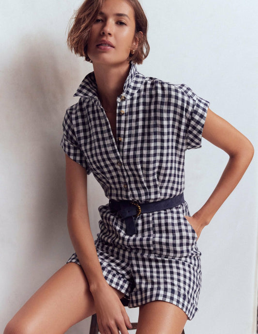 Boden Dresses|Women Kay Linen Playsuit-Navy, Ivory Gingham