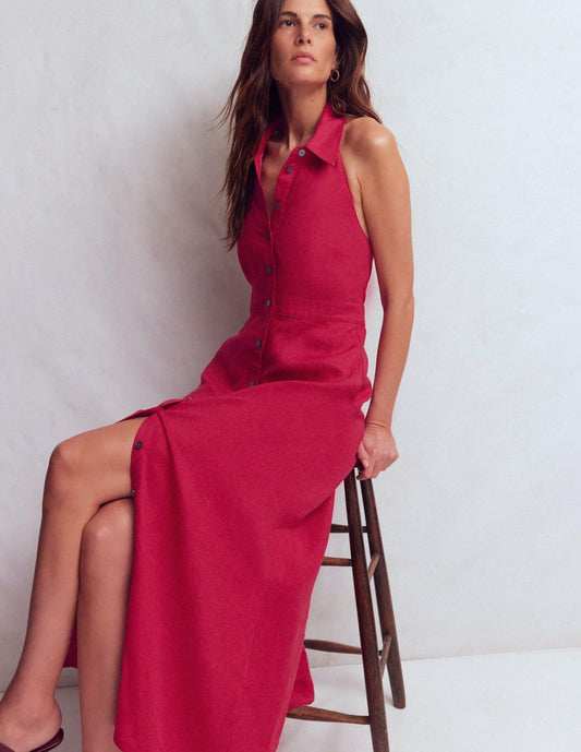Boden Dresses Eva Collar Halter Linen Dress-Pomegranate