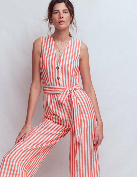 Boden Dresses|Women Laura V-neck Linen Jumpsuit-Red, Ivory Stripe