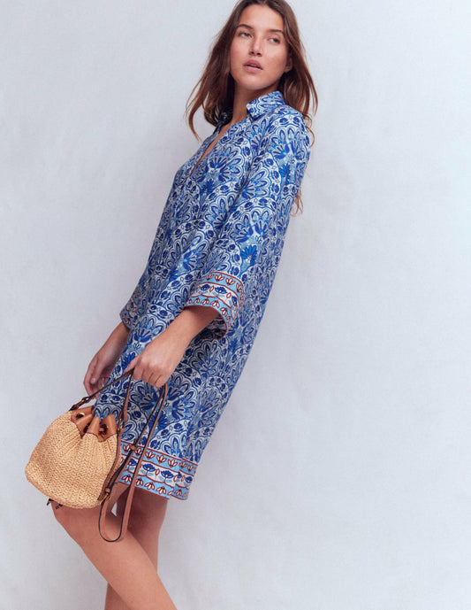 Boden Dresses Carmen Linen Short Dress-Bright Blue, Elaborate Terrace