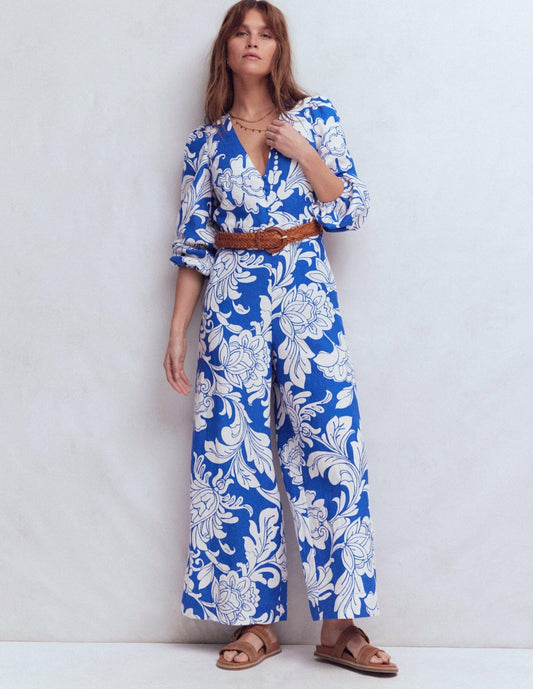 Boden Dresses|Women Lola Linen Jumpsuit-Blue Botanical Flourish Mono