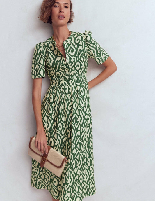 Boden Dresses Ivy Placket Linen Midi Dress-Hunter Green Ikat