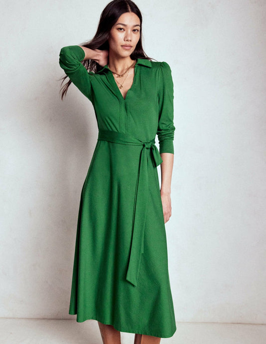 Boden Dresses Imogen Collared Jersey Dress-Pine Green