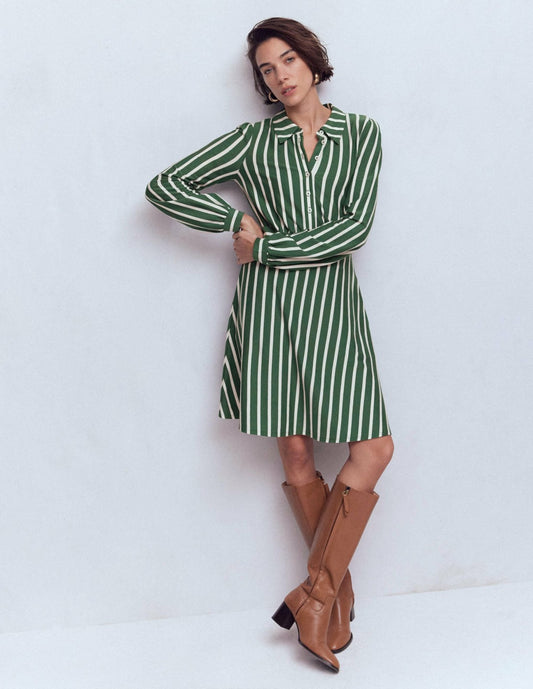 Boden Dresses Orla Short Jersey Shirt Dress-Hunter Green and Ivory Stripe