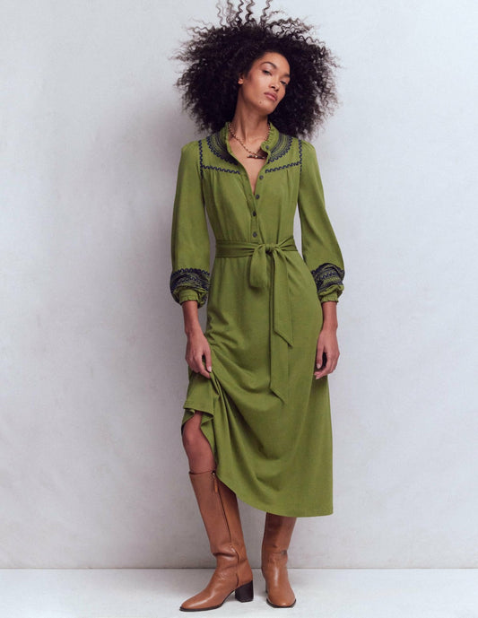 Boden Dresses Embroidered Jersey Shirt Dress-Olive