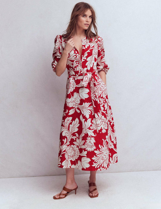 Boden Dresses Ava Linen Blend Midi Dress-Salsa, Botanical Flourish