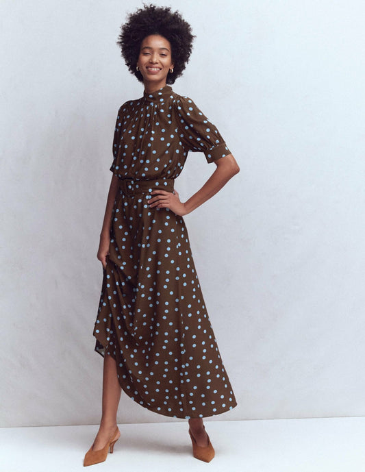 Boden Dresses High Neck Belted Dress-Raw Umber, Painted Dot