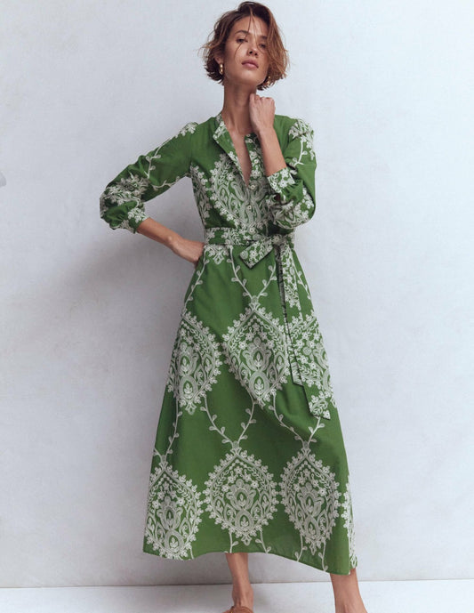 Boden Dresses Ava Cotton Midi Dress-Green Broderie