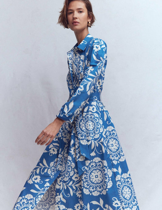 Boden Dresses Alexa Cotton Midi Shirt Dress-Blue, Decorative Blossom