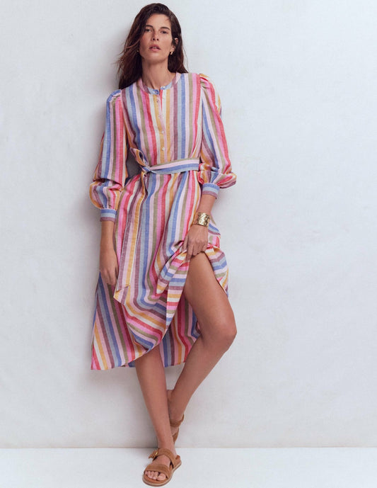 Boden Dresses Ava Linen Blend Midi Dress-Pink, Green, Purple Multi