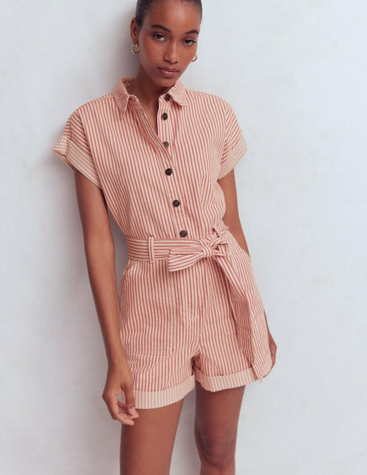 Boden Women Kay Denim Playsuit-Red Tram Stripe