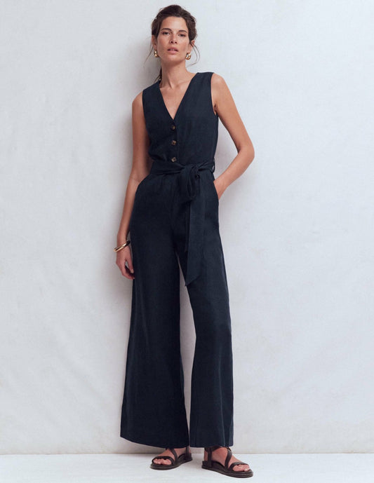 Boden Women Laura V-neck Linen Jumpsuit-Navy