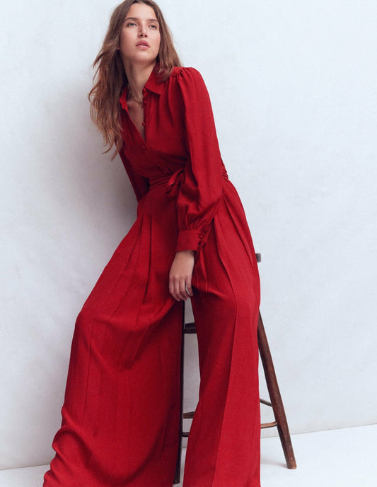 Boden Women Button Up Palazzo Jumpsuit-Red