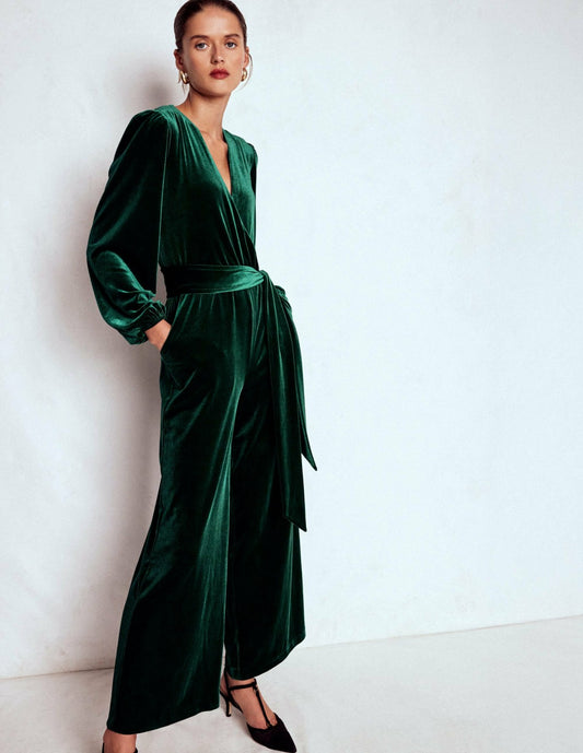 Boden Women Jersey Velvet Wrap Jumpsuit-Emerald Night