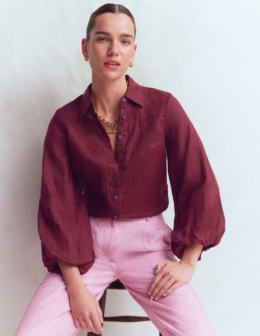 Boden Women Puff Sleeve Linen Shirt-Deep Wisteria