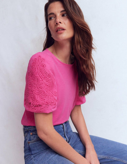 Boden Women Tape Lace T-shirt-Phlox Pink