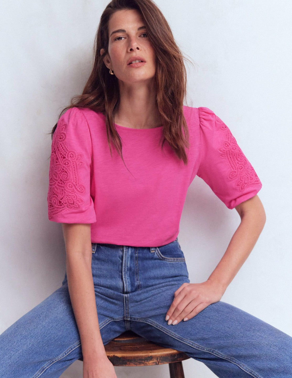 Boden Women Tape Lace T-shirt-Phlox Pink