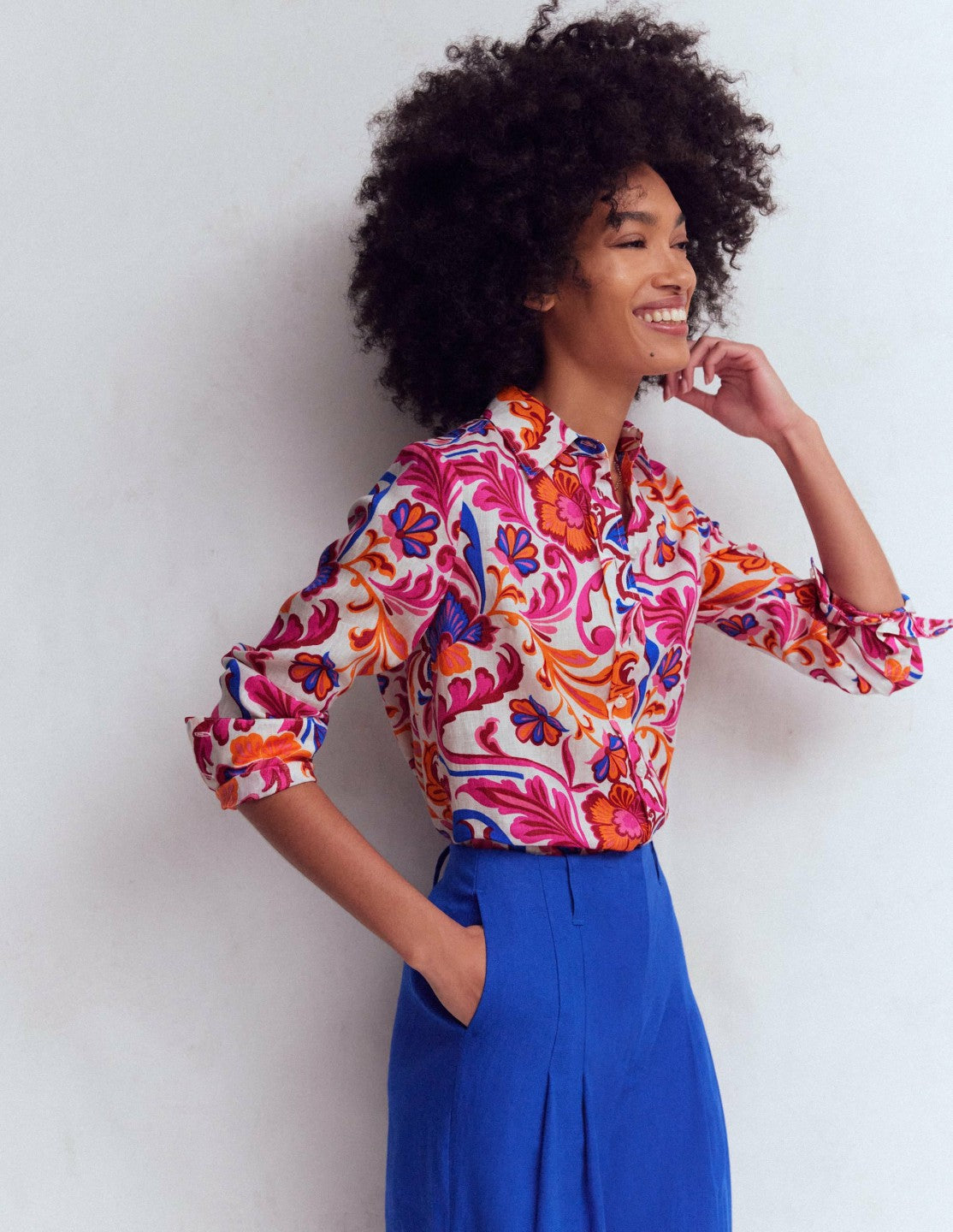 Boden Women Sienna Linen Shirt-Pink Punch, Flourishing Meadow