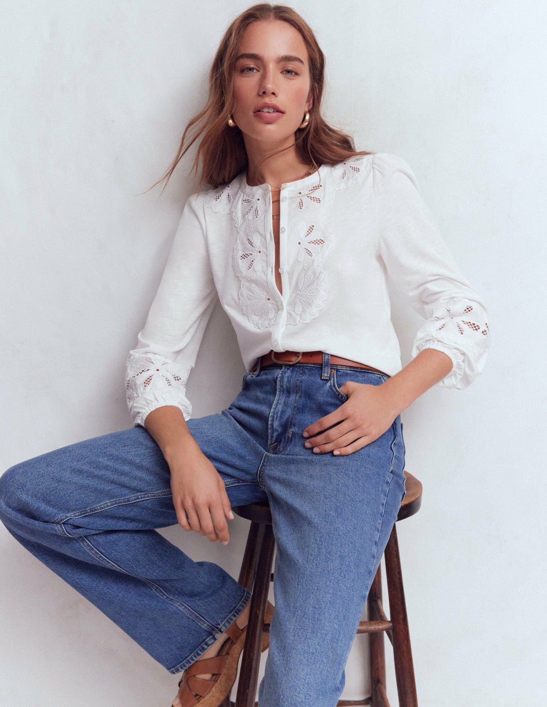 Boden Women Scallop Cutwork Top-White