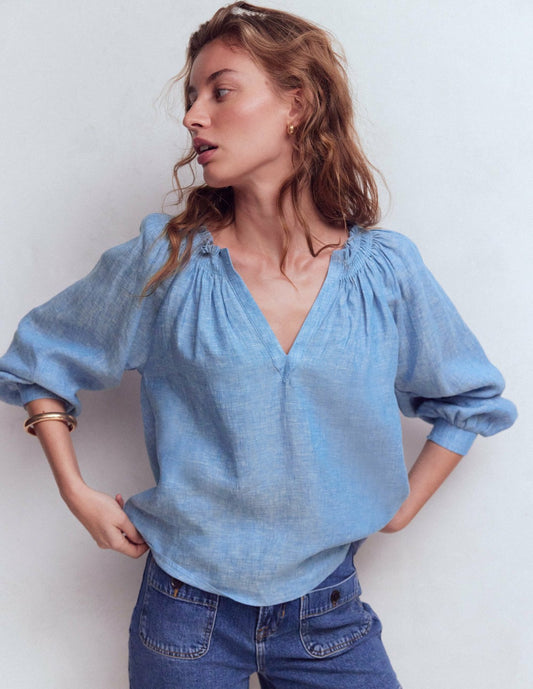 Boden Women Serena Pleat Neck Linen Top-Chambray