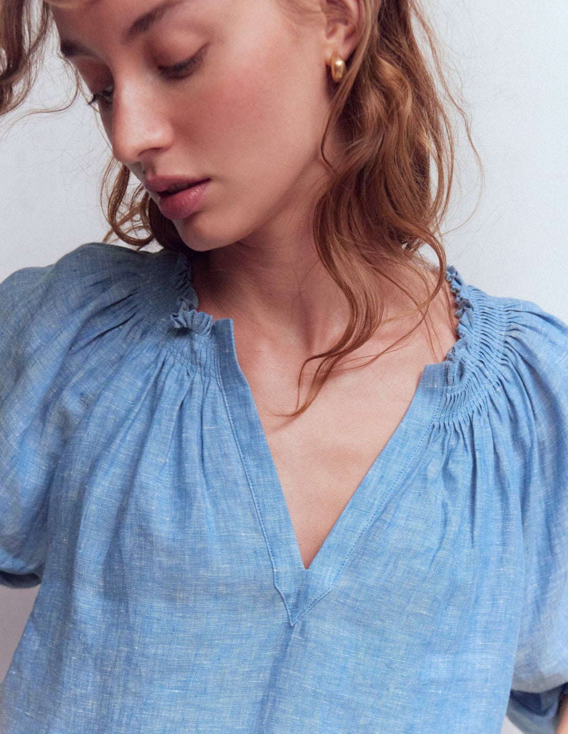 Boden Women Serena Pleat Neck Linen Top-Chambray