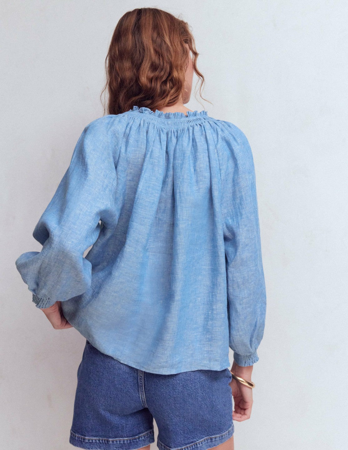 Boden Women Serena Pleat Neck Linen Top-Chambray