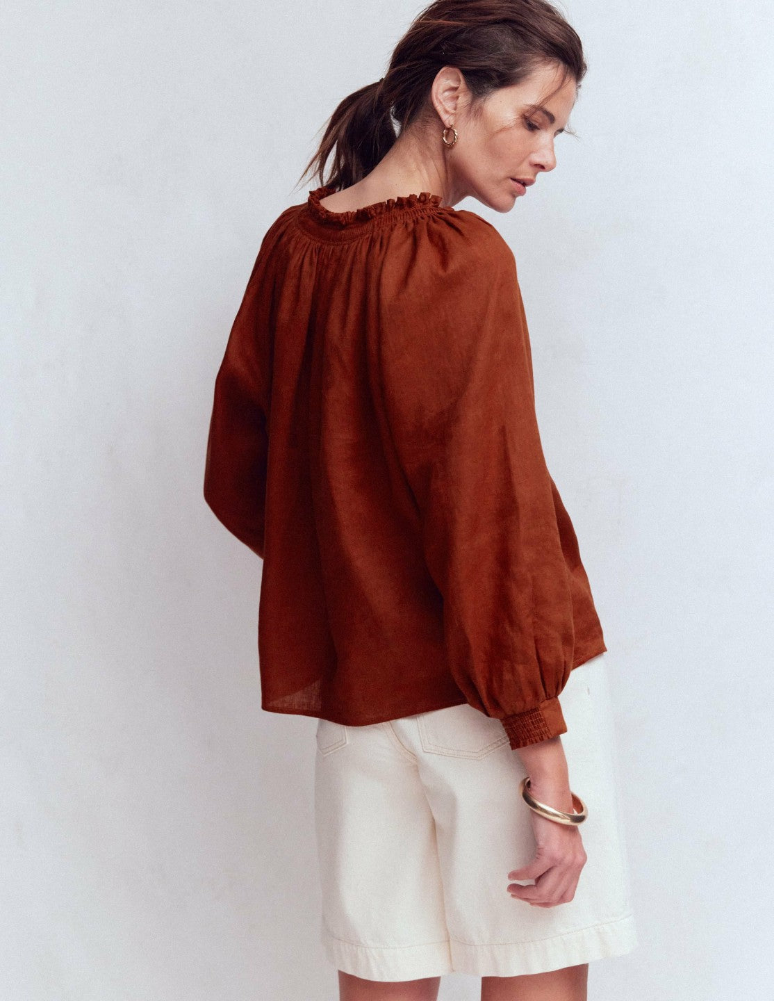 Boden Women Serena Pleat Neck Linen Top-Burnt Henna