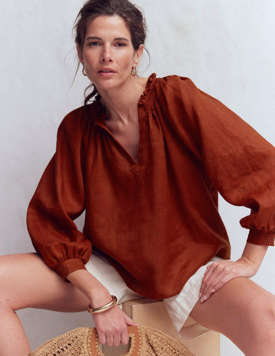 Boden Women Serena Pleat Neck Linen Top-Burnt Henna