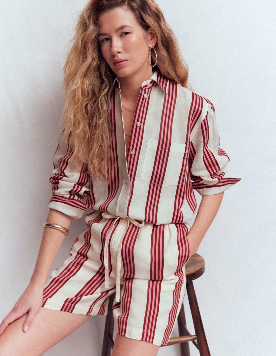 Boden Women Sadie Relaxed Linen Shirt-Ivory, Brown, Pink Stripe