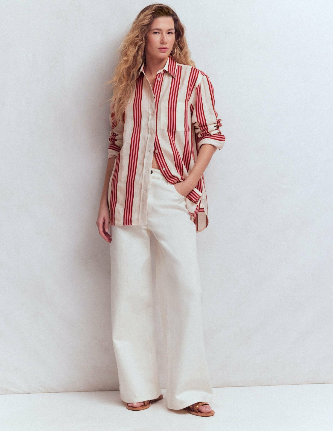 Boden Women Sadie Relaxed Linen Shirt-Ivory, Brown, Pink Stripe